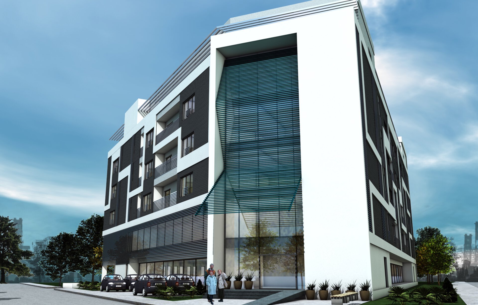 Main access to the Continuum of Care senior complex Șișești with a two-level glazed lobby and visitor parking in the foreground, 3D rendering PPAE project