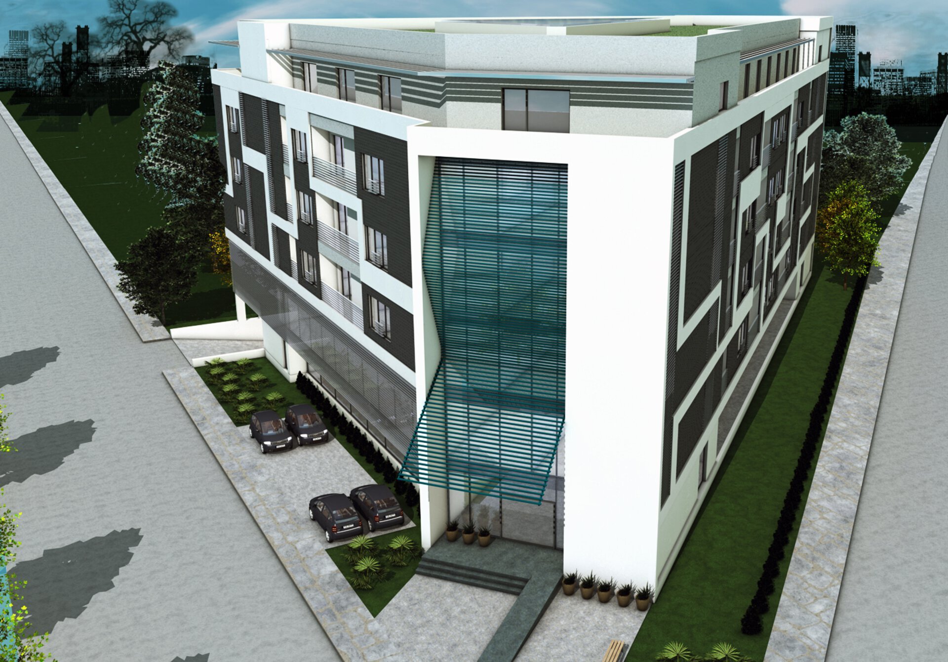 Aerial view of the Continuum of Care senior complex on Gh. Ionescu Șișești Road with the main G+5F building, a vertical glazed identity element on the corner and a green terrace on the upper floor, 3D rendering PPAE project
