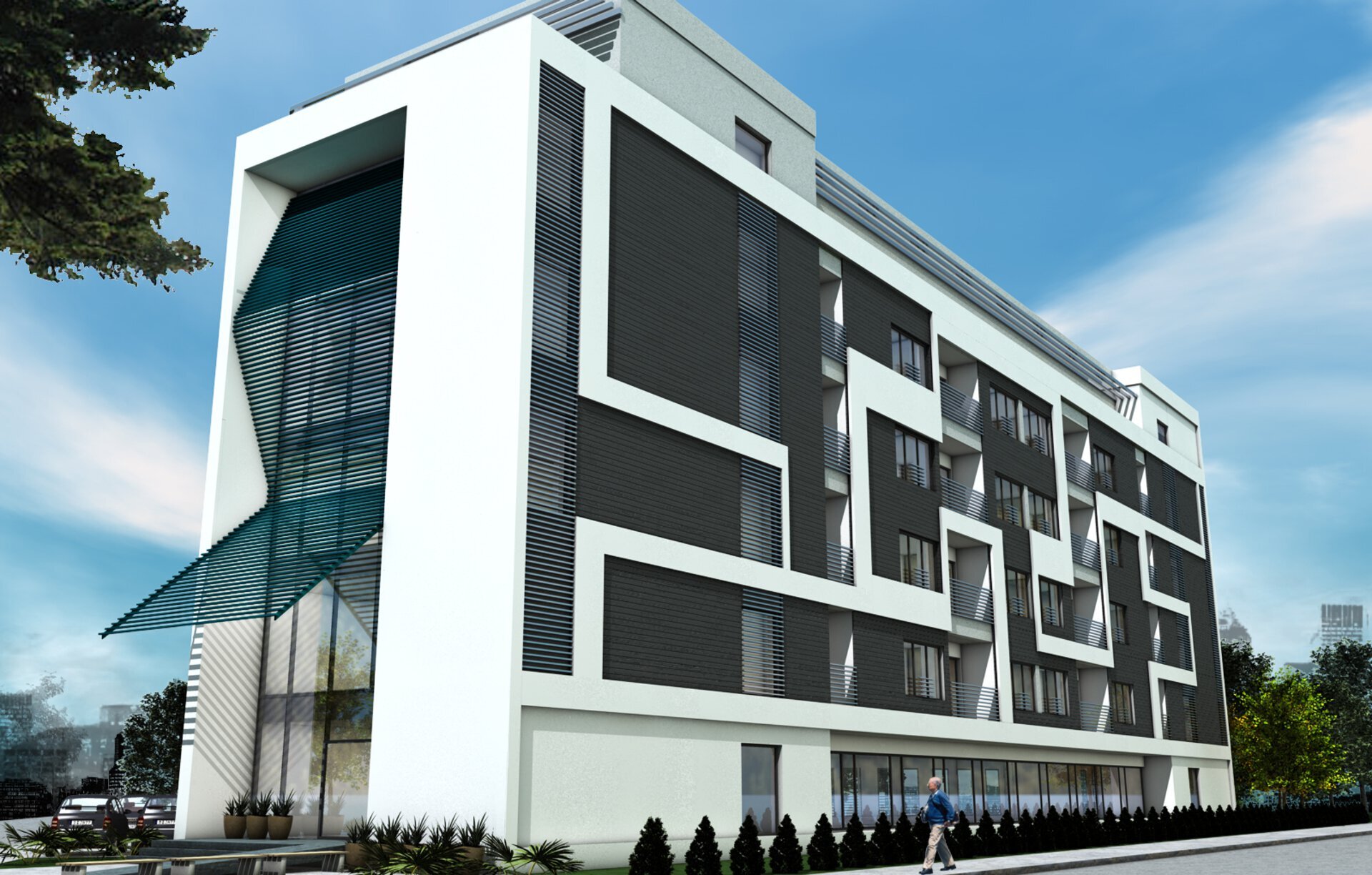 Side facade of the senior complex Șișești with an alternating vertical white-anthracite rhythm and a suspended walkway with horizontal louvers as the ensemble's identity mark, 3D rendering PPAE project
