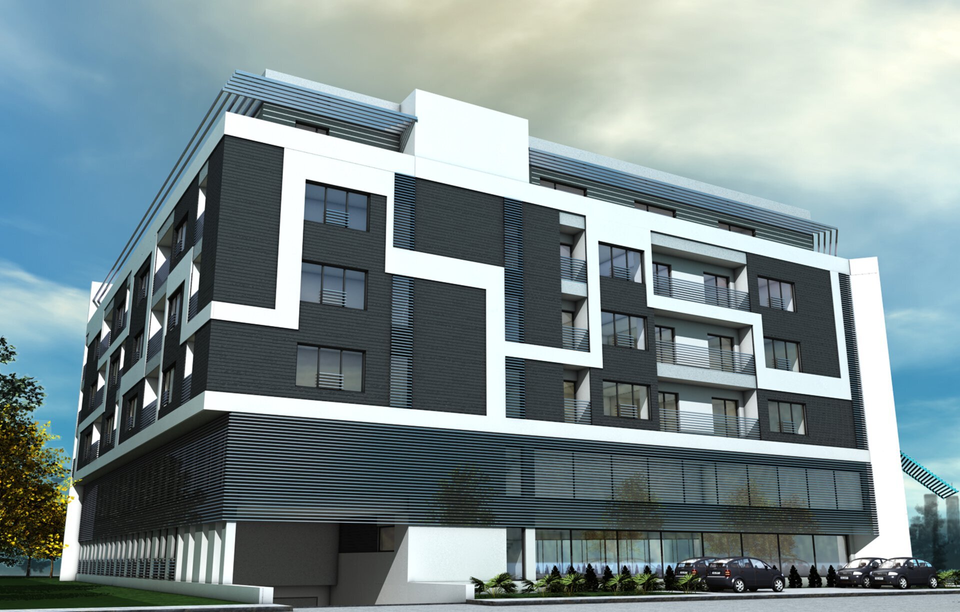 Overall view of the main G+5F building of the senior complex Șișești, with a white-anthracite facade rhythmed by white frames and ground-floor parking, 3D rendering PPAE project