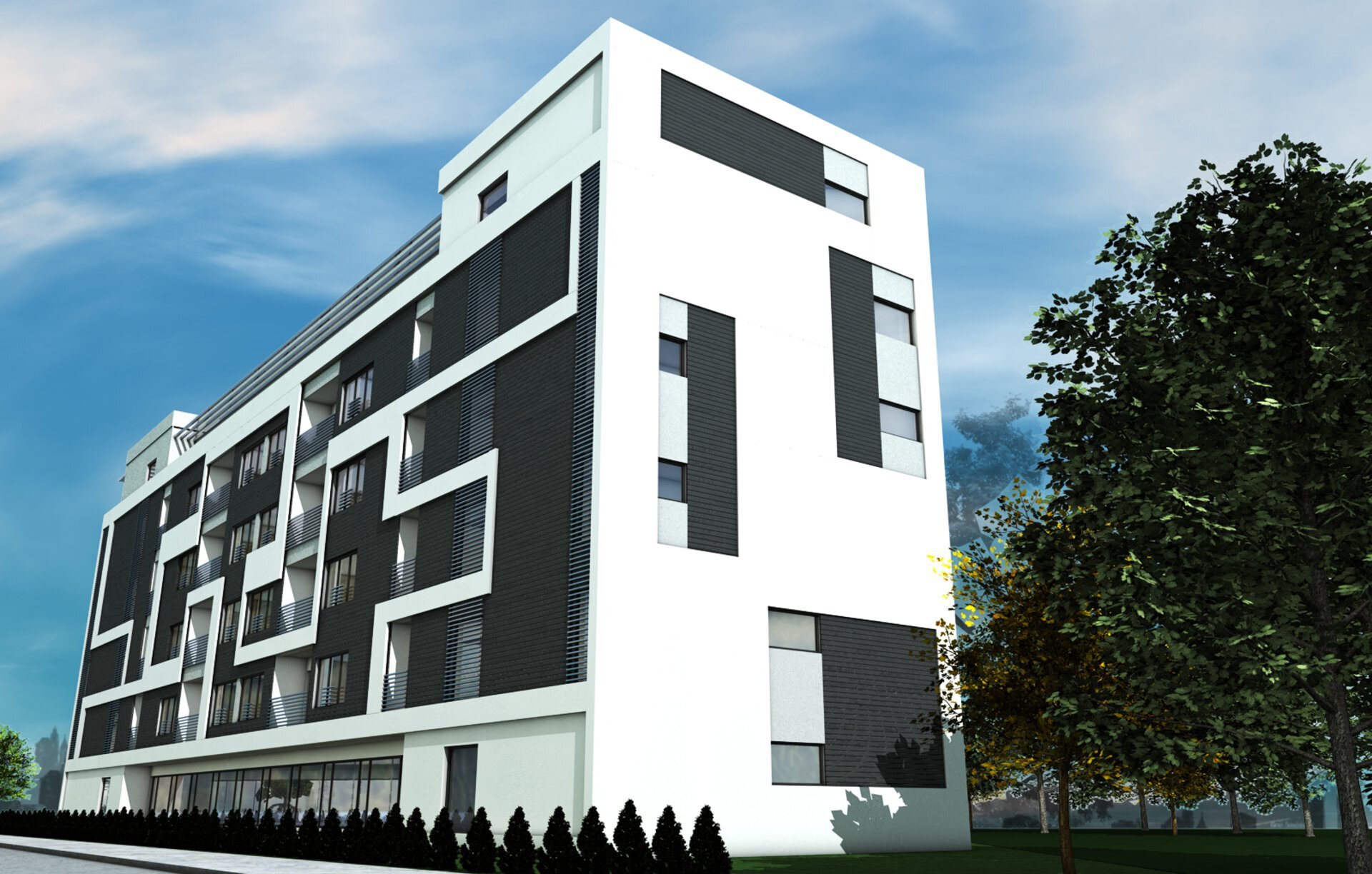 Corner view of the senior complex Șișești with a white facade and irregularly placed anthracite panels, a mature tree in the foreground, 3D rendering PPAE project