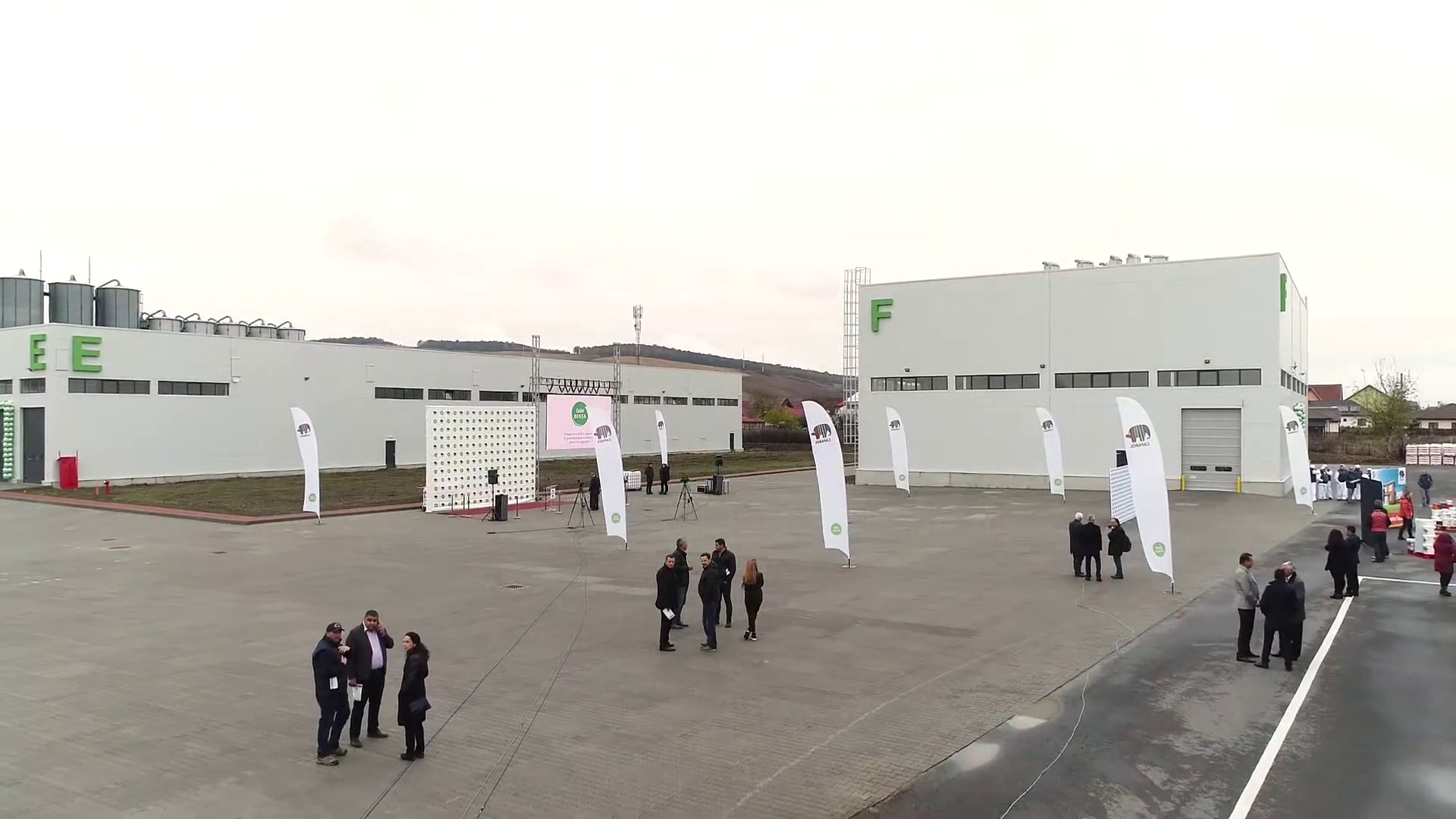 Aerial view of the Daw Benta Romania Sancraiu de Mures factory with the polystyrene hall and the adhesives hall at inauguration, PPAE project