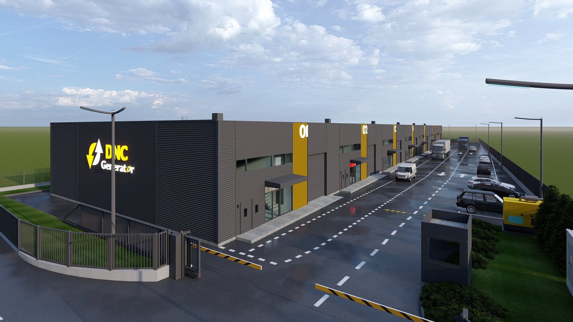 Vedere de colț hală industrială DNC Generator Chitila cu fațadă antracit și logo galben pe corpul tehnic, marcaj vertical galben pe casa scării, randare 3D proiect PPAE