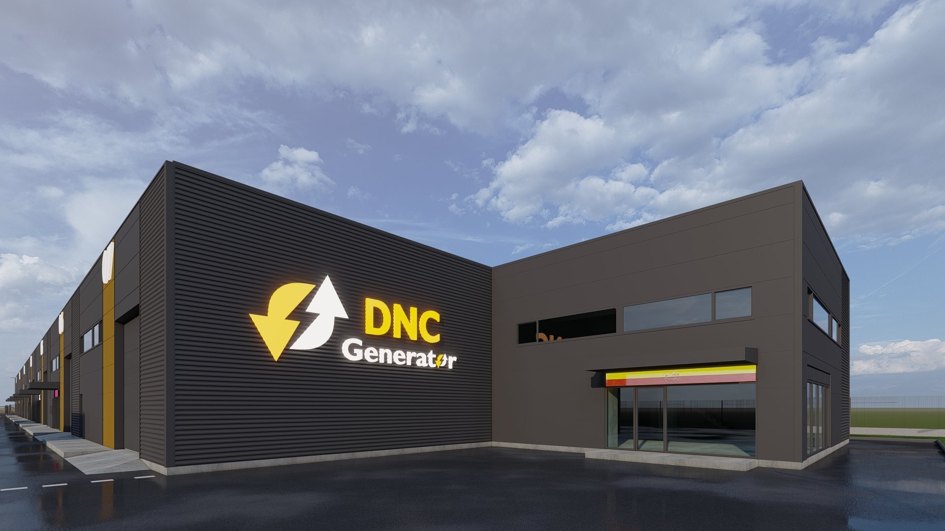 Vedere lungă fațada principală cu cele 8 module ale halei DNC Generator Chitila, accese individuale numerotate, accent cromatic galben pe fiecare modul, grup electrogen pe lat. dreaptă, randare 3D proiect PPAE