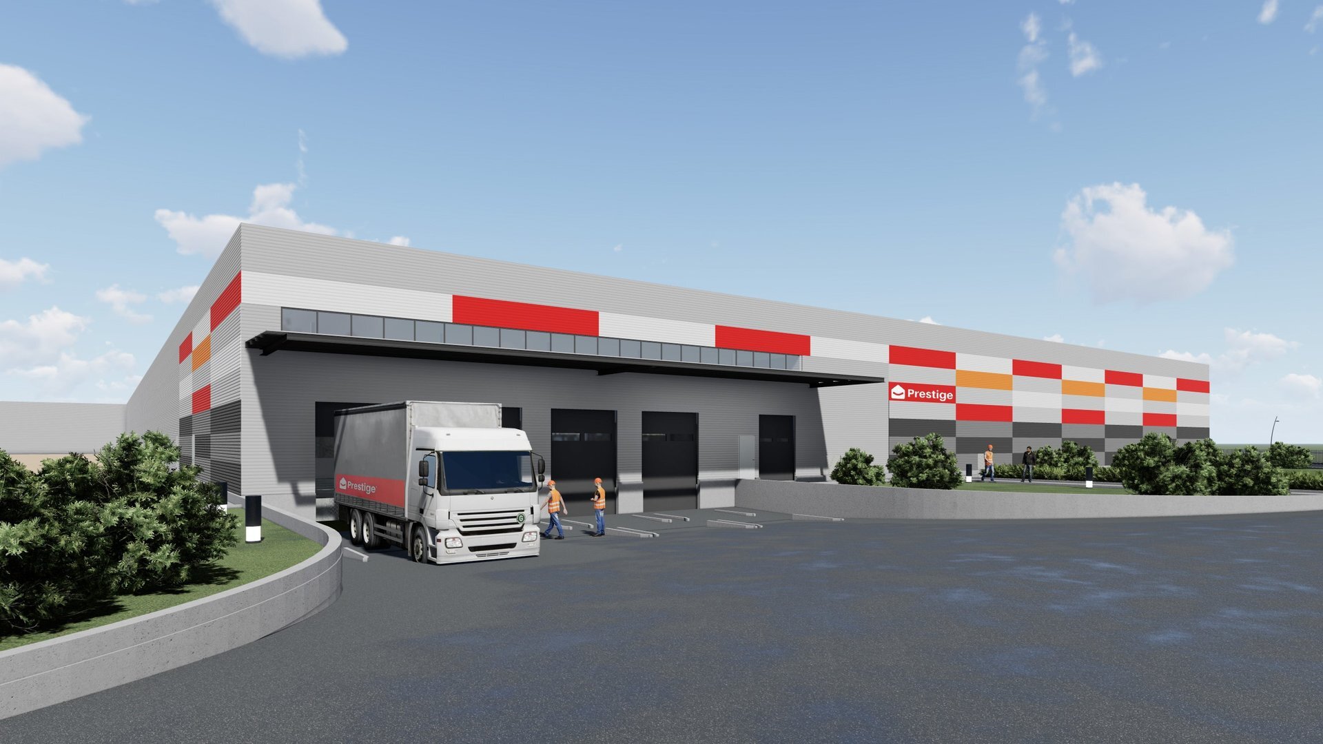Zonă de andocare cu rampe de egalizare la fabrica Prestige Mob Gherghița, accent cromatic corporate pe fațada laterală, randare 3D proiect PPAE