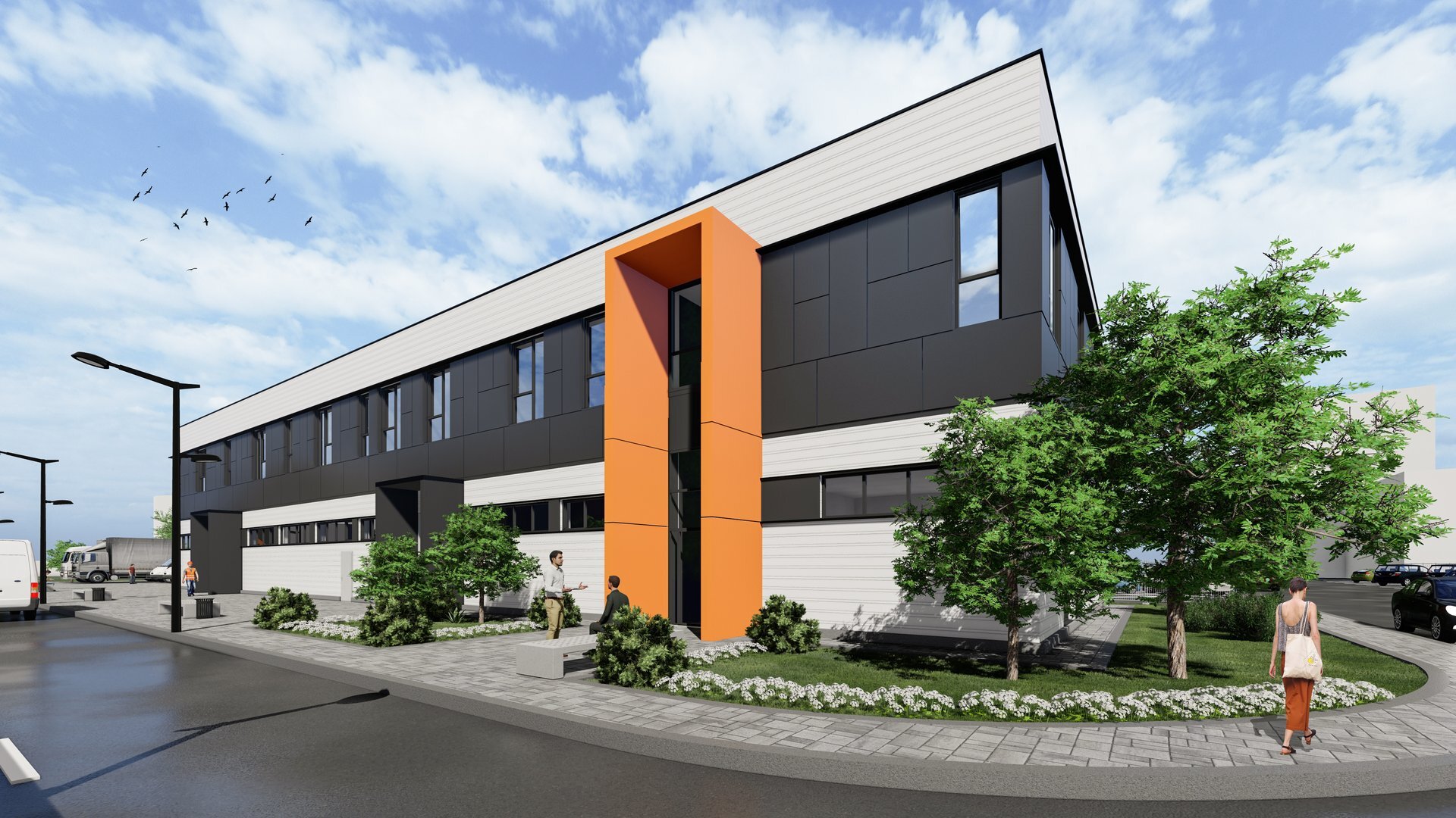 Vedere de colț clădire calitate TMK Artrom Slatina cu accent vertical portocaliu pe casa scării principale, randare 3D proiect PPAE