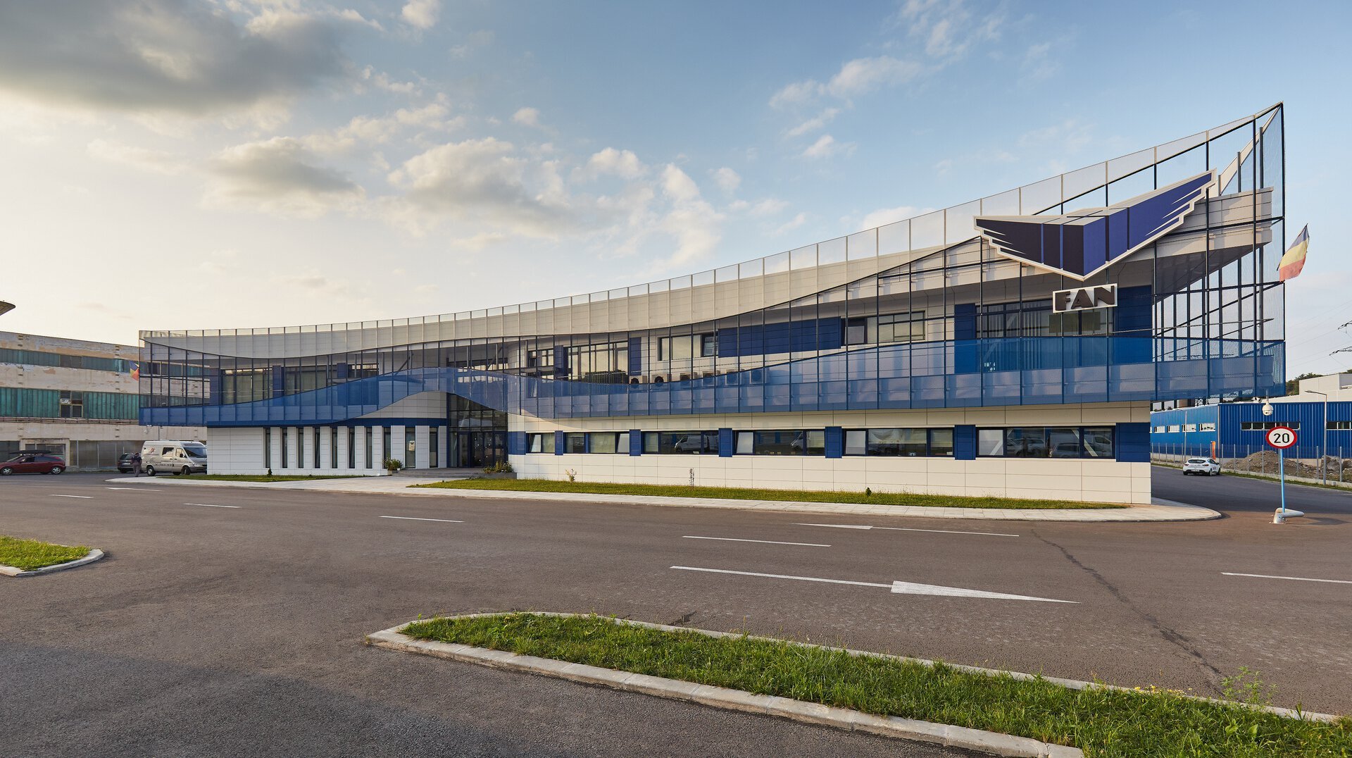Detail of the perforated-sheet second skin, FAN Courier Brașov office building, project PPAE
