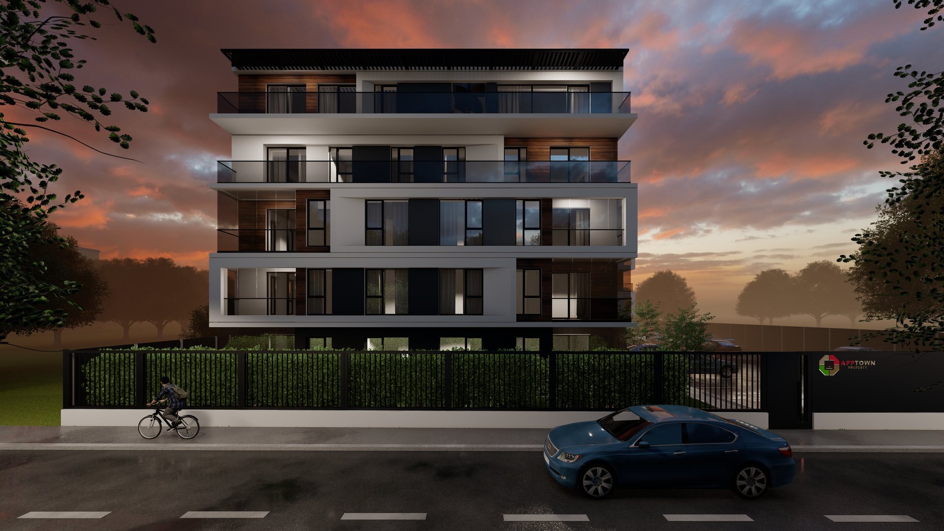 Rendering of the APP Town North apartment building on Toma Caragiu St., Pipera, a contemporary facade in white and dark grey, a PPAE project