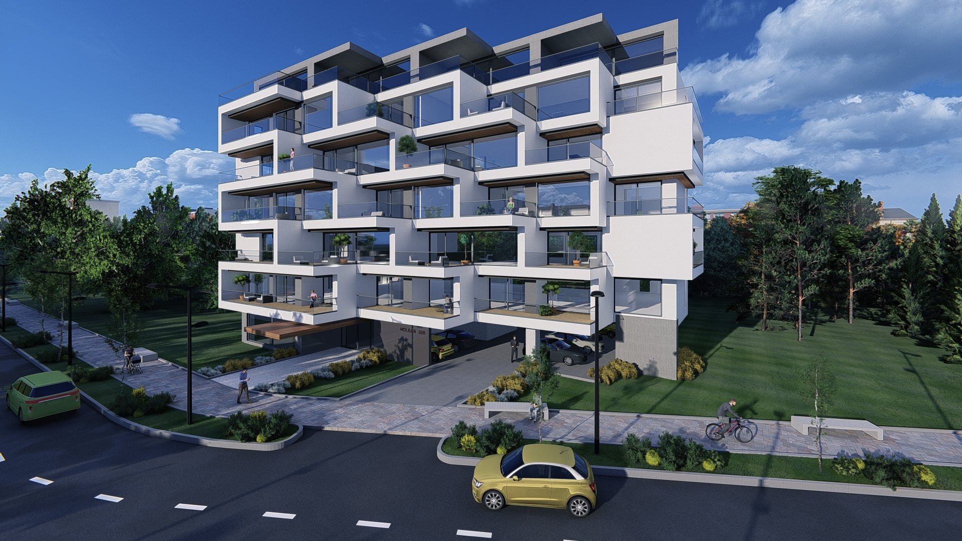 The concept of the Razvan Brasla apartment building on Holban St., a facade of offset white prismatic volumes, a PPAE project