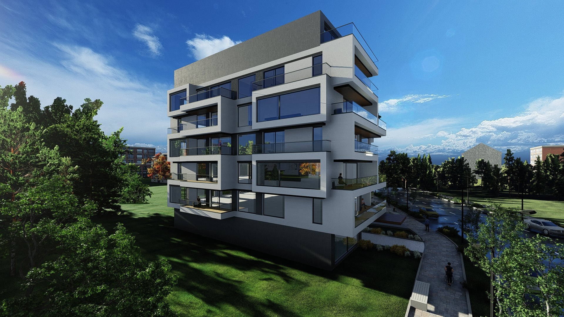 The three-dimensional relief of the facade and the set-back top level with terraces, the concept of the building on Holban St., a PPAE project