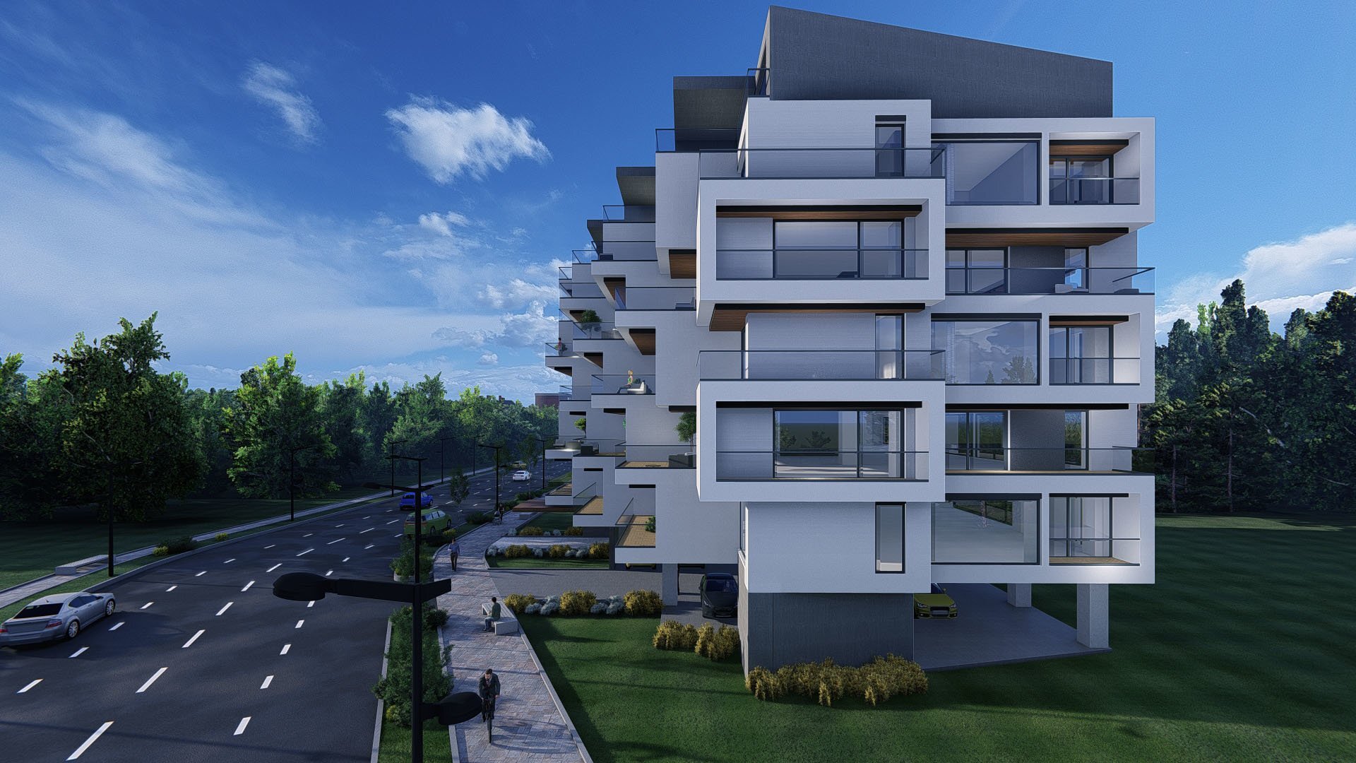 The ground floor with the upper volumes cantilevering over the vehicle access, the concept of the Razvan Brasla building, Holban St., a PPAE project
