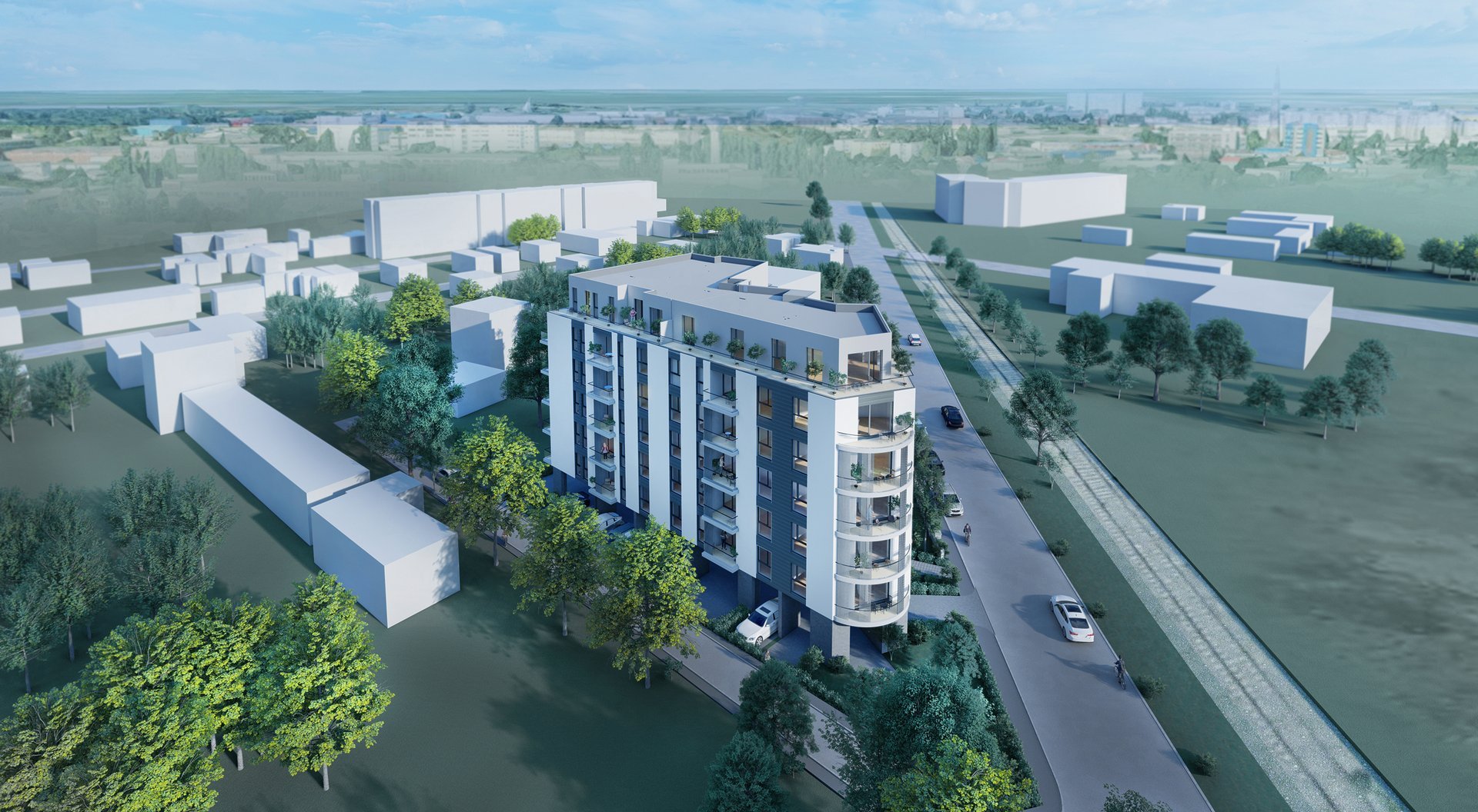 Overall view of the S-B+G+3F+PF collective housing building on Liniei St., District 6, a PPAE project