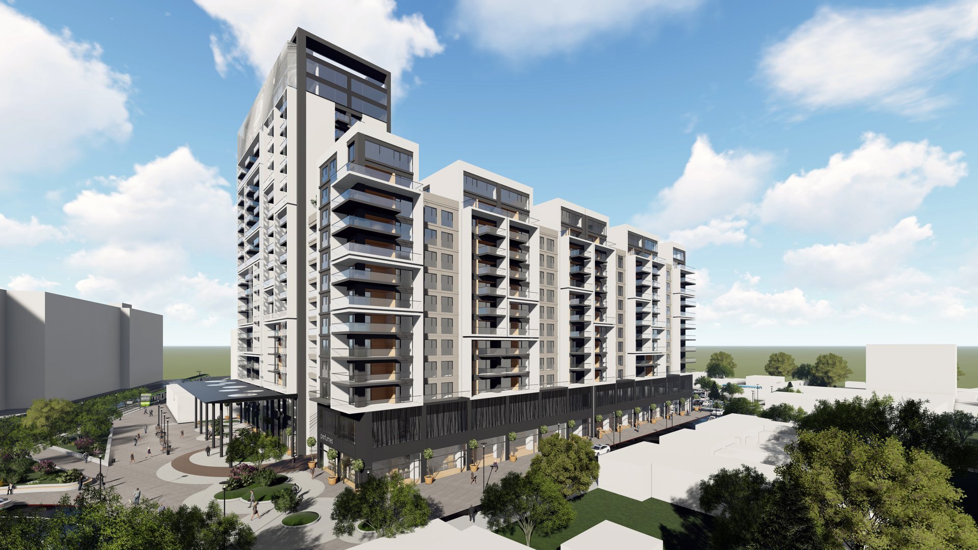 Vedere a fațadei — ansamblul rezidențial și comercial înalt din Oradea, lângă Cetate, proiect PPAE
