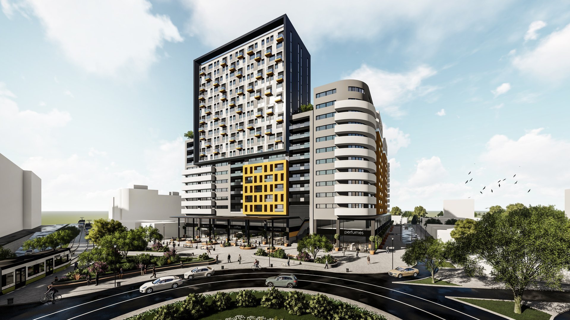 Vedere de ansamblu — ansamblul rezidențial și comercial înalt din Oradea, lângă Cetate, proiect PPAE