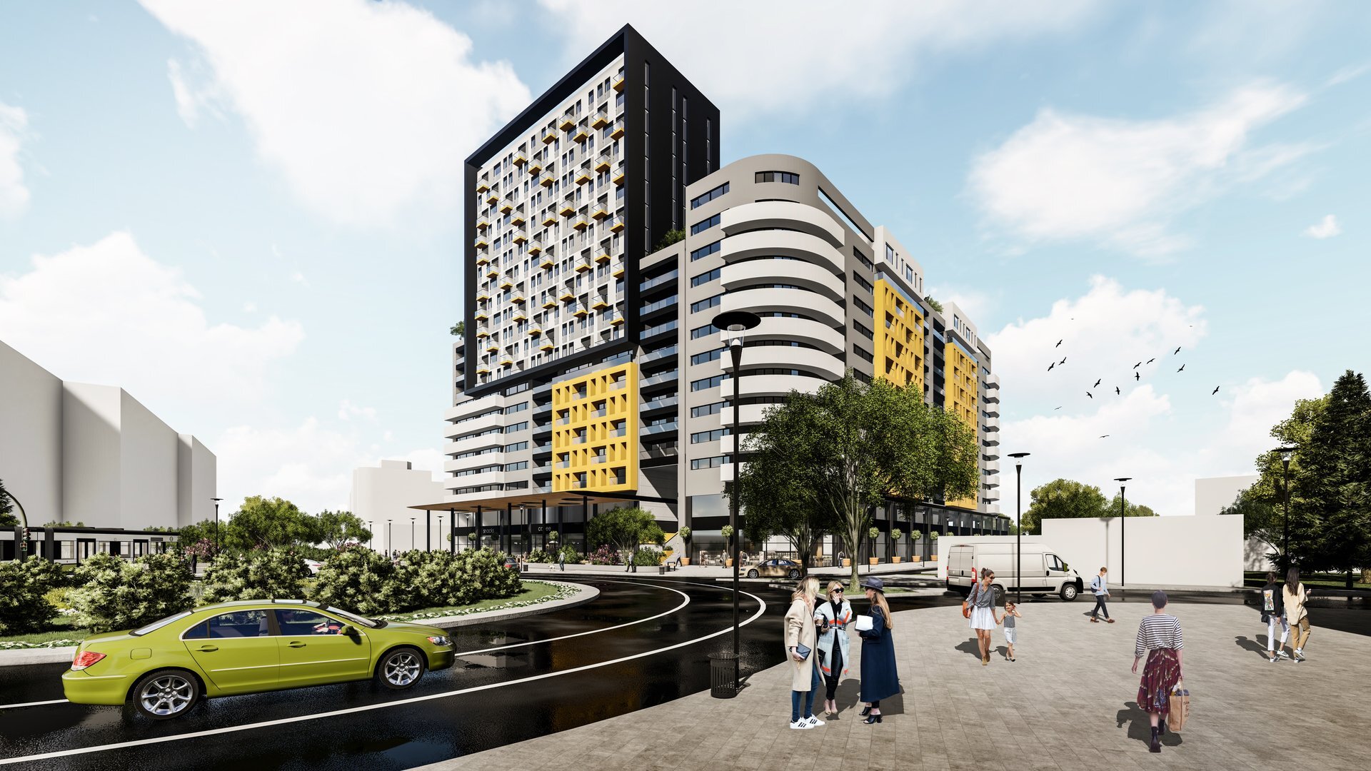 Perspectivă către clădire — ansamblul rezidențial și comercial înalt din Oradea, lângă Cetate, proiect PPAE