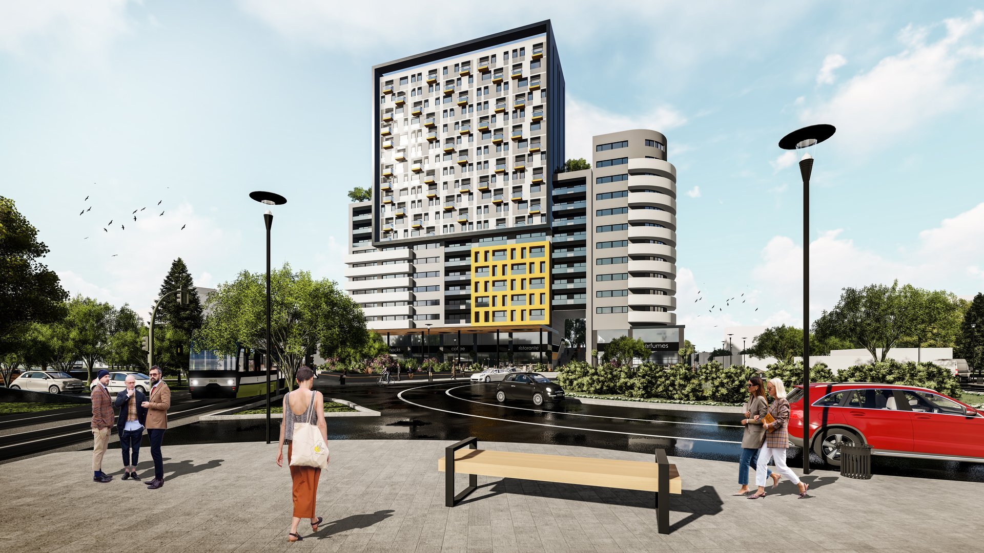 Perspectivă către clădire — ansamblul rezidențial și comercial înalt din Oradea, lângă Cetate, proiect PPAE