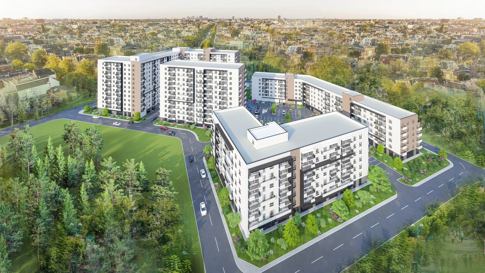 Vedere de ansamblu a celor trei corpuri Vienna Parkside Residence, Drumul Binelui–Metalurgiei, proiect PPAE