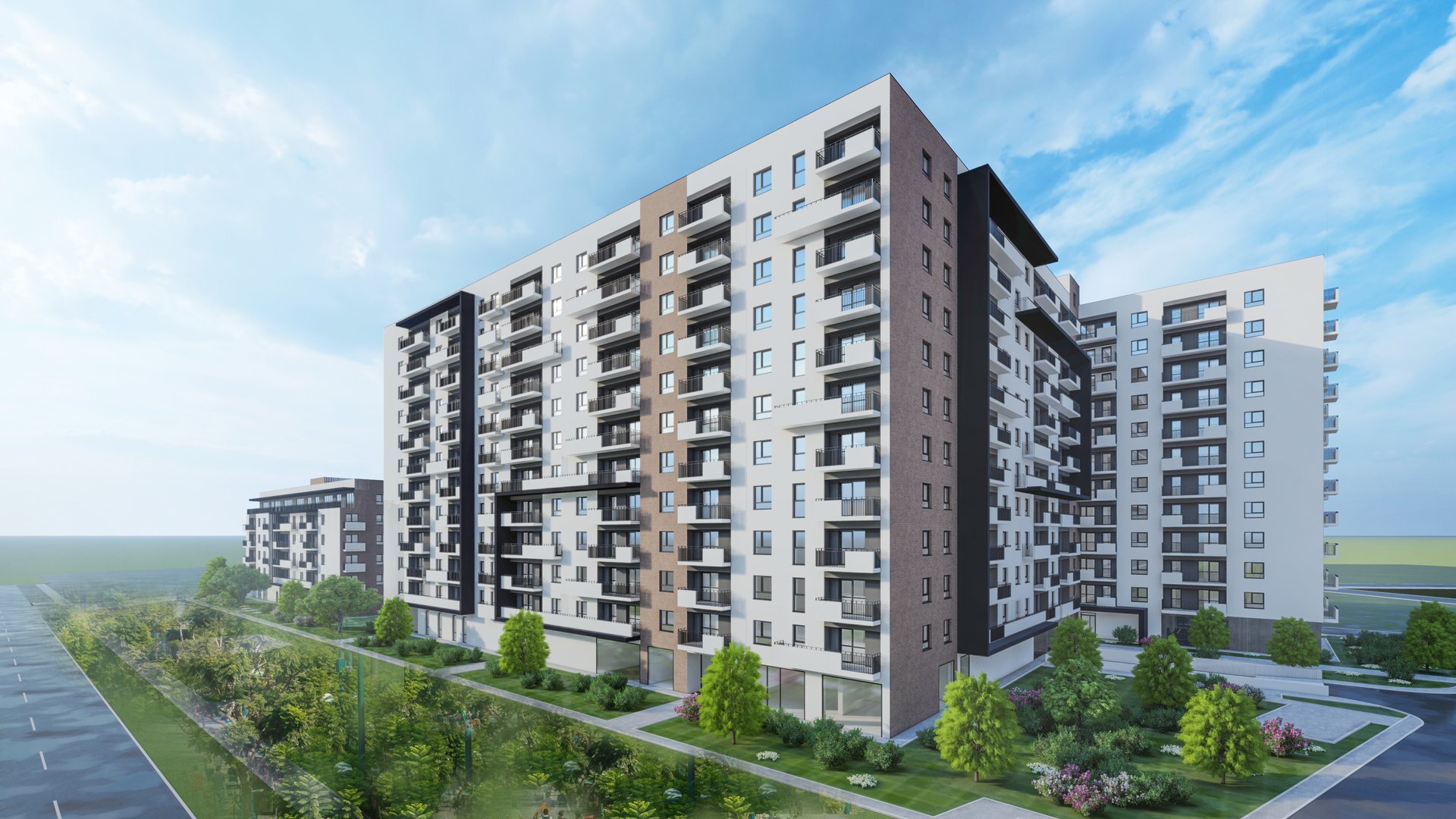 Vedere a fațadei — ansamblul de turnuri Vienna Parkside Residence, Drumul Binelui, sector 4 București, proiect PPAE