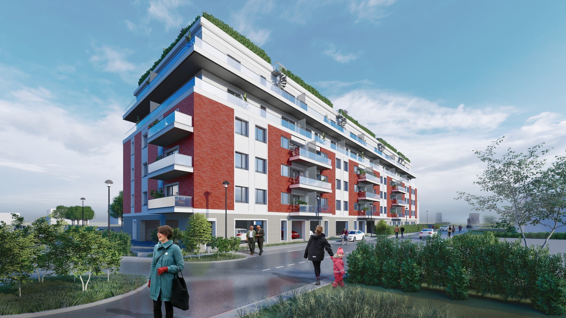 The Golden Jaraso apartment building on Pipera Blvd., Voluntari, a facade of red brick and white render, vertically extended to B+G+5F, a PPAE project